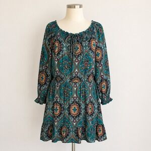 Boho Flowy Dress Large Teal Paisley Cottagecore Vintage Romantic Bohemian Chic